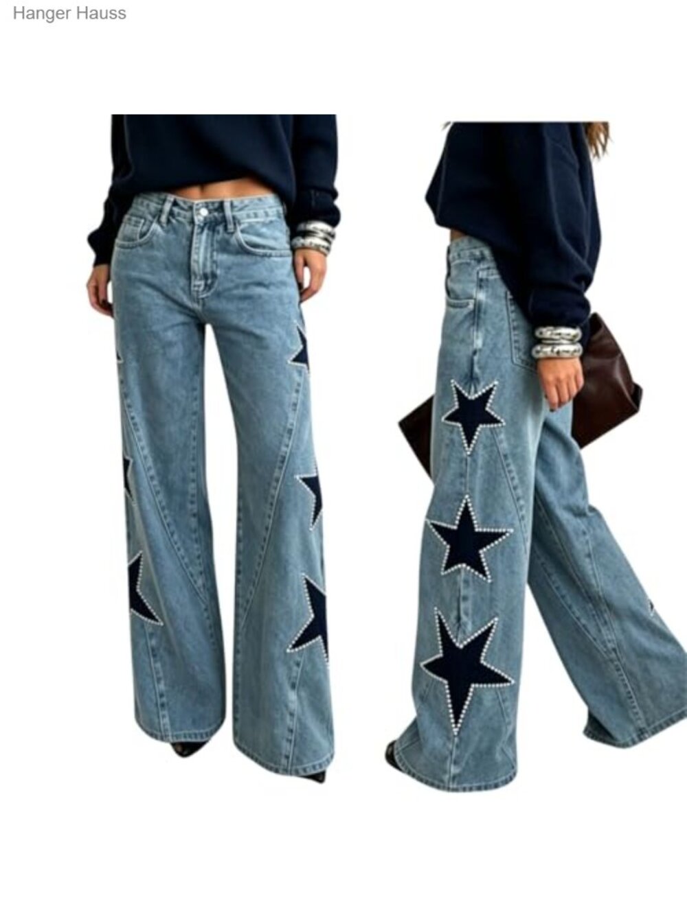 Women's High Waisted Slim Fit Pearl Star Jeans Denim Pants